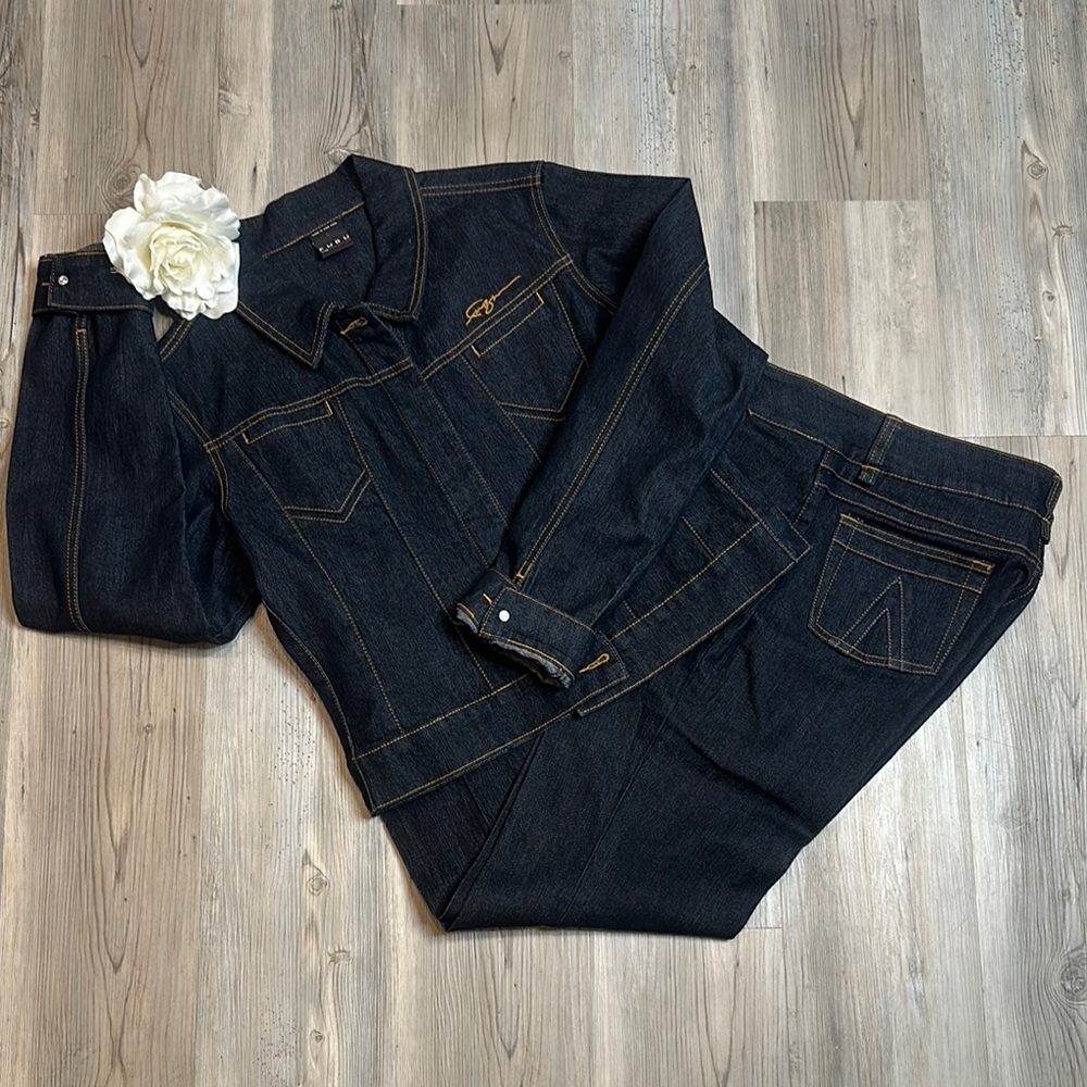 EUC FUBU The Collection Dark Blue Denim Pant Set w/Contrasting Stitching